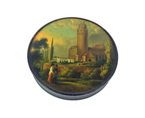 19th century circular papier maché snuff box and cover, painted with a Church landscape with figures in the foreground, 3.75"