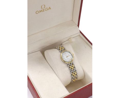 Omega De Ville two-tone lady's bracelet watch, ref. 795 1471, case no. 57886658, white dial with quarter Roman numerals, cal.