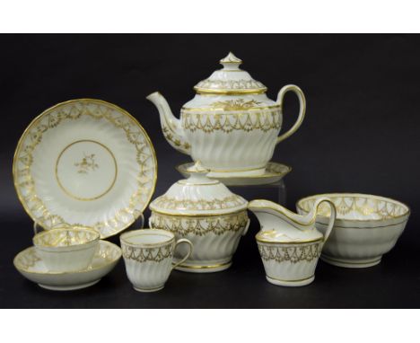 New Hall - tea set comprising teapot on stand, tea bowl, coffee cup, saucer, sandwich plate, slop bowl, milk jug and sugar bo