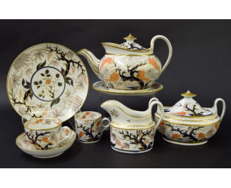 New Hall - tea set comprising teapot on stand, teacup, coffee cup, saucer, sandwich plate, milk jug and sugar box in pattern 