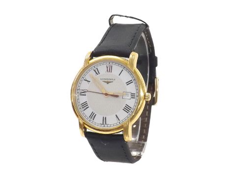 Longines gold plated gentleman's dress watch, ref. L4.697.2, white dial, L.263.2 quartz, movement, leather strap, 34mm (UAJ5U