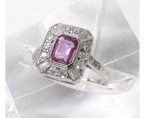 18ct white gold pink sapphire and diamond rectangular cluster ring, the sapphire 1.10ct approx in a surround of round eight-c