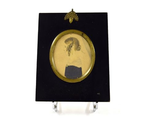 19th Century American School - Miniature portrait of a lady with ringlets, watercolour, 3" x 2.5", ebonised frame