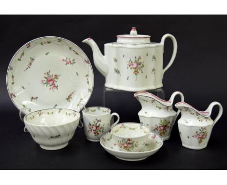 New Hall - tea set comprising teapot, tea bowl on saucer, coffee cup, milk jug, cream jug, sugar basin and side plate in patt