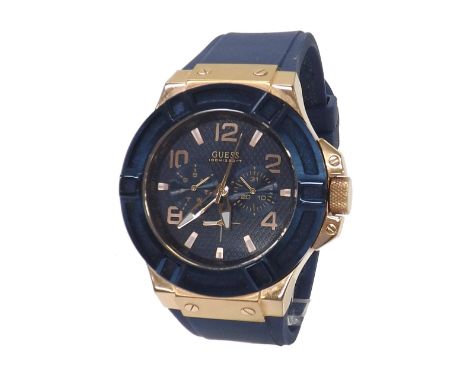 Guess Rigor rose gold and blue plated stainless steel gentleman's wristwatch, ref. W0247G3, blue dial with Arabic numerals, s