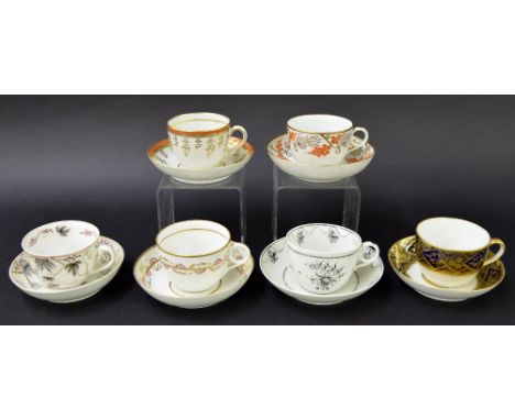 New Hall - six teacups with saucers in pattern nos. 505, 367, 396, 443, 289 and 963 (12)