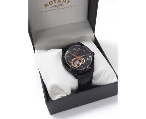 Rotary Jura black PVD automatic gentleman's wristwatch, ref. R.1002.21, no. 4313, black half skeleton dial with Roman numeral