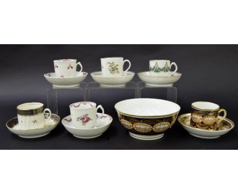 New Hall - six coffee cups with saucers in pattern nos. 653, 139, 427, 121, 208 and U24 (ex Watney Collection); also a furthe