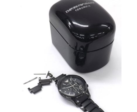 Emporio Armani Ceramica chronograph gentleman's bracelet watch, ref. AR-1452, no. 111201, black dial with triple subsidiary d