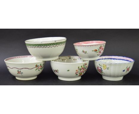 New Hall - four slop bowls in pattern nos. 382 (ex De Saye Hutton Collection), 338, 241 and 22; together with a small sugar b