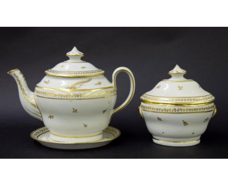 New Hall - teapot on stand, 6.75" high, and sugar box in pattern no. 264 (3)