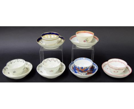 New Hall - six tea bowls with saucers in pattern nos. 990, 272, 191, 267, 306 and 3 (12)