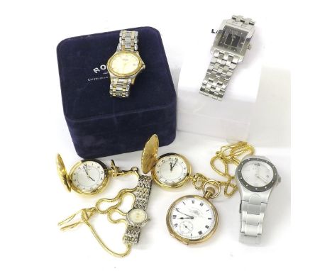 Thos. Russell & Son gold plated lever pocket watch (at fault); together with two modern gold plated pocket watches and four w