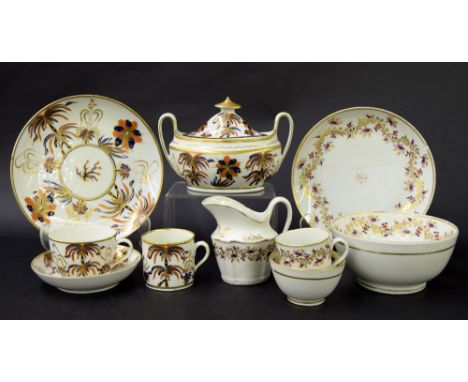 New Hall - part tea set comprising teacup, coffee cup, saucer, sandwich plate and sugar box in pattern no. 484; also a furthe