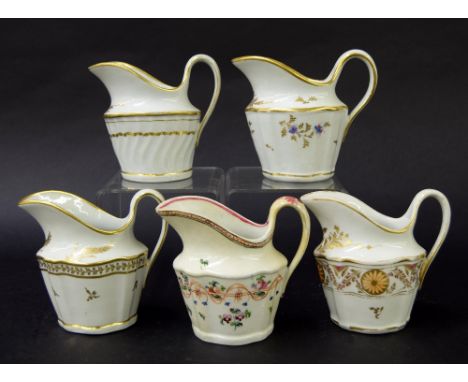 New Hall - fluted milk jug in pattern no. 282 (ex Brian J Penny Collection), 4" high; four further 'Silver' shape milk jugs i