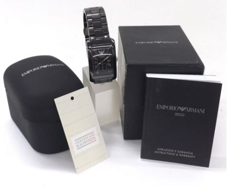 Emporio Armani Ceramica rectangular gentleman's bracelet watch, ref. AR 1406, black dial with Roman numerals and subsidiary s