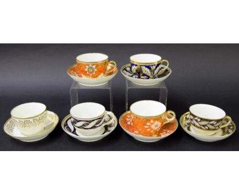 New Hall - six teacups with saucers in pattern nos. 540 (ex Brian J Penny New Hall Collection), 676, 551, 542, 669 and U306 (