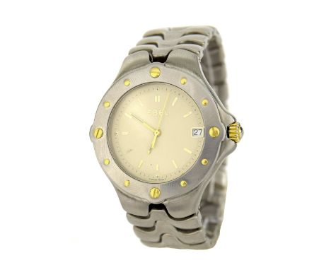 Ebel Sport Wave stainless steel and gold gentleman's bracelet watch, ref. E6187631, no. 93902968, cream dial with date apertu