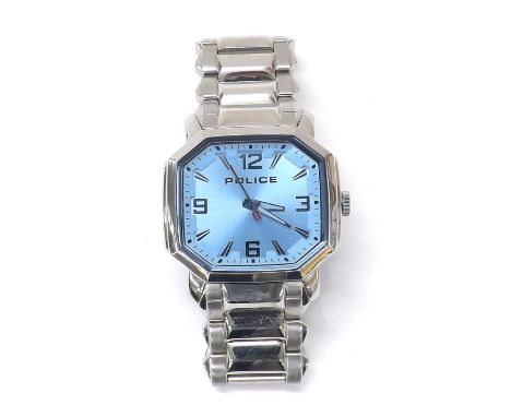 Police Meduse stainless steel lady's bracelet watch, ref. 13402M, no. EB-763, light blue dial with quarter Arabic numerals an