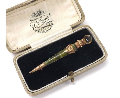 Rose gold citrine and jade dagger brooch, 3.8gm, 56mm long, box (133528-1-A) 