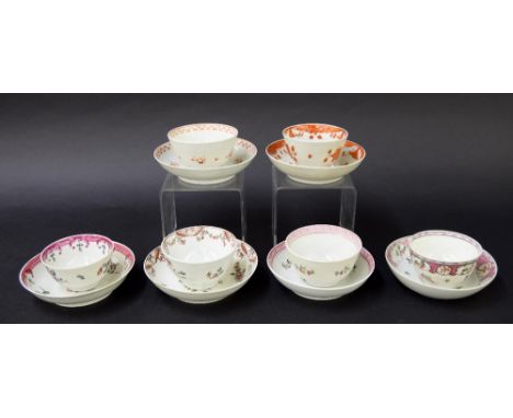 New Hall - six tea bowls with saucers in pattern nos. 791, 605, 599, U61, 295 and 618 (12)