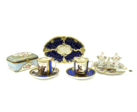Meissen blue enamel glaze and gilt oval porcelain dish, blue crossed swords mark, 8" wide; French porcelain and gilt metal tr