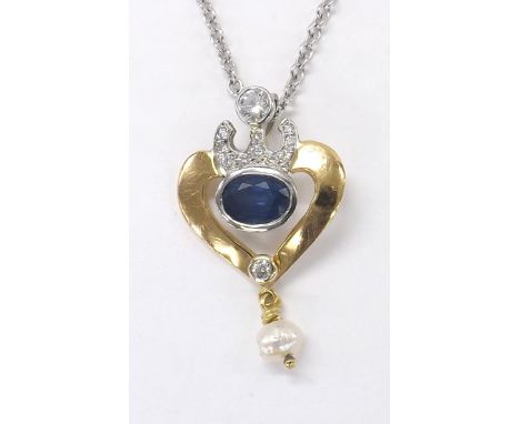Sapphire, diamond and pearl heart shaped pendant on a slender 9ct white gold chain, the pendant 20mm wide, boxed