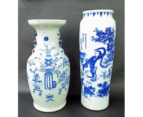 Chinese celadon blue and white baluster porcelain vase with twin dog of Fo handles, decorated with a painted urn upon stand w