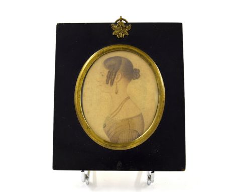 19th Century American School - Miniature portrait of a lady with ringlets, watercolour, 3.5" x 3", ebonised frame