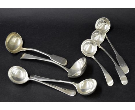 Pair of silver rat tail sauce ladles, Sheffield 1938, maker 'R&Co', 6.25" long, 2.9oz approx; together with five other Georgi