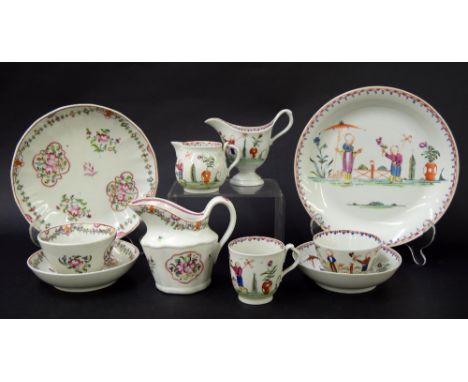 New Hall - part tea set comprising tea bowl, coffee cup, saucer, milk jug, cream jug and sandwich plate in pattern no. 20; al