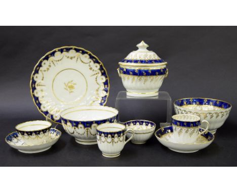 New Hall - part tea set comprising two tea bowls, coffee cup, saucer, sandwich plate and slop bowl in pattern no. 153; also a