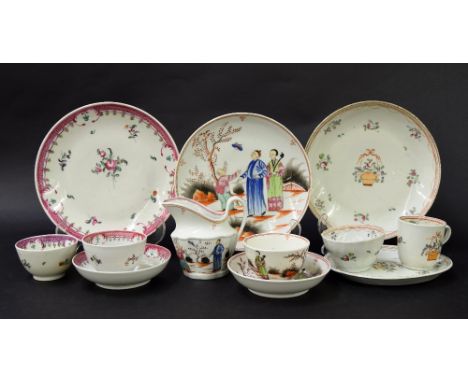 New Hall - part tea set comprising tea bowl, saucer, milk jug and sandwich plate in pattern no. 421; also further part tea se