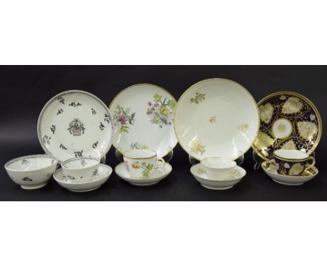 New Hall - four tea bowls/cups with saucers and sandwich plates in pattern nos. 566, U727, 883 and 308; also a sugar basin in