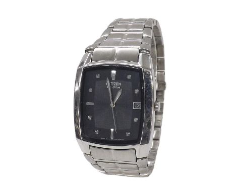 Citizen Eco-Drive rectangular stainless steel gentleman's bracelet watch, ref. E111-S049385 HSB, no. 890237, black dial with 