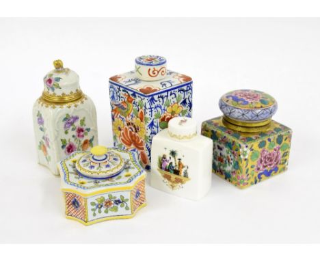 Samson porcelain armorial lidded tea caddy, 4.5" high; together with a square faience tea caddy, modern Royal Worcester porce