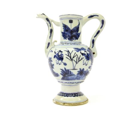 Chinese blue and white transitional period porcelain ewer, mid 17th century, painted with children playing with toys and a ho