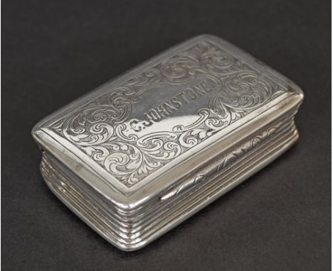 Edwardian silver engraved rectangular snuff box, with a silver-gilt interior and foliate engraved decoration inscribed Joe Le