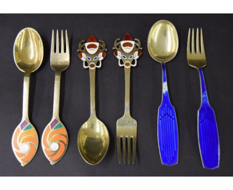 Anton Michelsen, Denmark - three pairs of silver-gilt enamel month spoons for 1952, 1961 and 1971, stamped maker's marks, 8.6