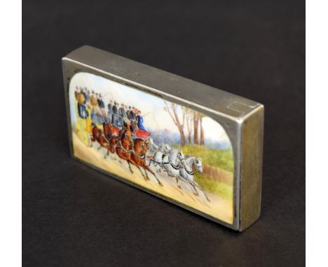 Sampson Mordan & Co Victorian silver and enamel vesta case, the enamel depicting a coaching scene, London 1890, 2.25" long (s