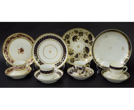 New Hall - four coffee cans/cups with saucers and dessert plates in pattern nos. 408, 635, 607 and 1094 (12)