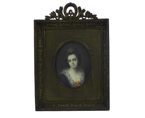 Continental School - Portrait of a lady with a fur stole and pearls in her hair, indistinctly signed, work on ivory, oval mou