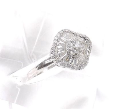 Fancy diamond 18ct white gold cluster ring, 14mm x 13mm, ring size R 