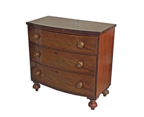 Victorian mahogany bowfront chest of drawers, the plain top over three long drawers, with mother of pearl inset handles upon 