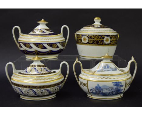 New Hall - four lidded tea boxes in pattern nos. 655, 775, 736 and 499, the tallest 5.5" (4)