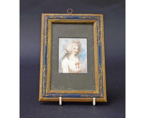 Miniature - Portrait of a lady with red ribbon in her hair and red bow to the front of her dress, in a chinoiserie frame, 6.5