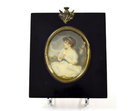 Miniature - Portrait of a girl in a white dress, signed Smart, on ivory, 3.5" x 2.5", ebonised frame - please note this is an