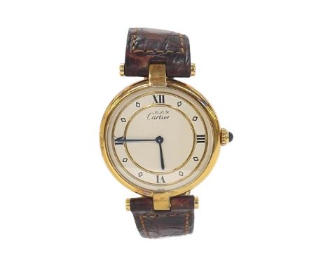 Cartier Vermeil silver-gilt mid-size wristwatch, ref. 590003, no. 050393, cabouchon crown, tan leather bracelet with folding 