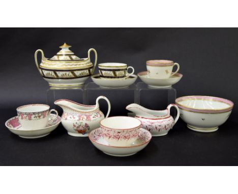 New Hall - four teacups/bowls with saucers in pattern nos. 258, 583, 746 and 760; also a further sugar box in pattern no. 583