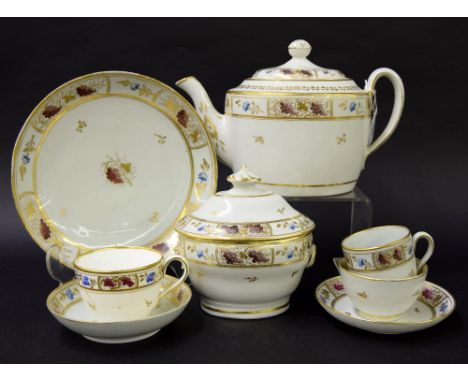 New Hall - tea set comprising teapot, teacup on saucer, tea bowl, coffee cup on saucer, sandwich plate and sugar box in patte